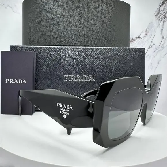 New PRADA Sunglasses Black Silver Symbole Logo Oversized Square Frame 54mm - Picture 2 of 16
